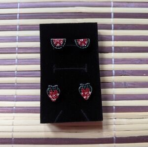 New Sterling Silver Cute Watermelon And Strawberry Stud Earrings Set